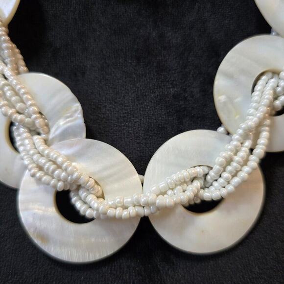 Women White Discs and Braided Seed Bead Multi-Strand Necklace with Lobster Clasp - Picture 2 of 6